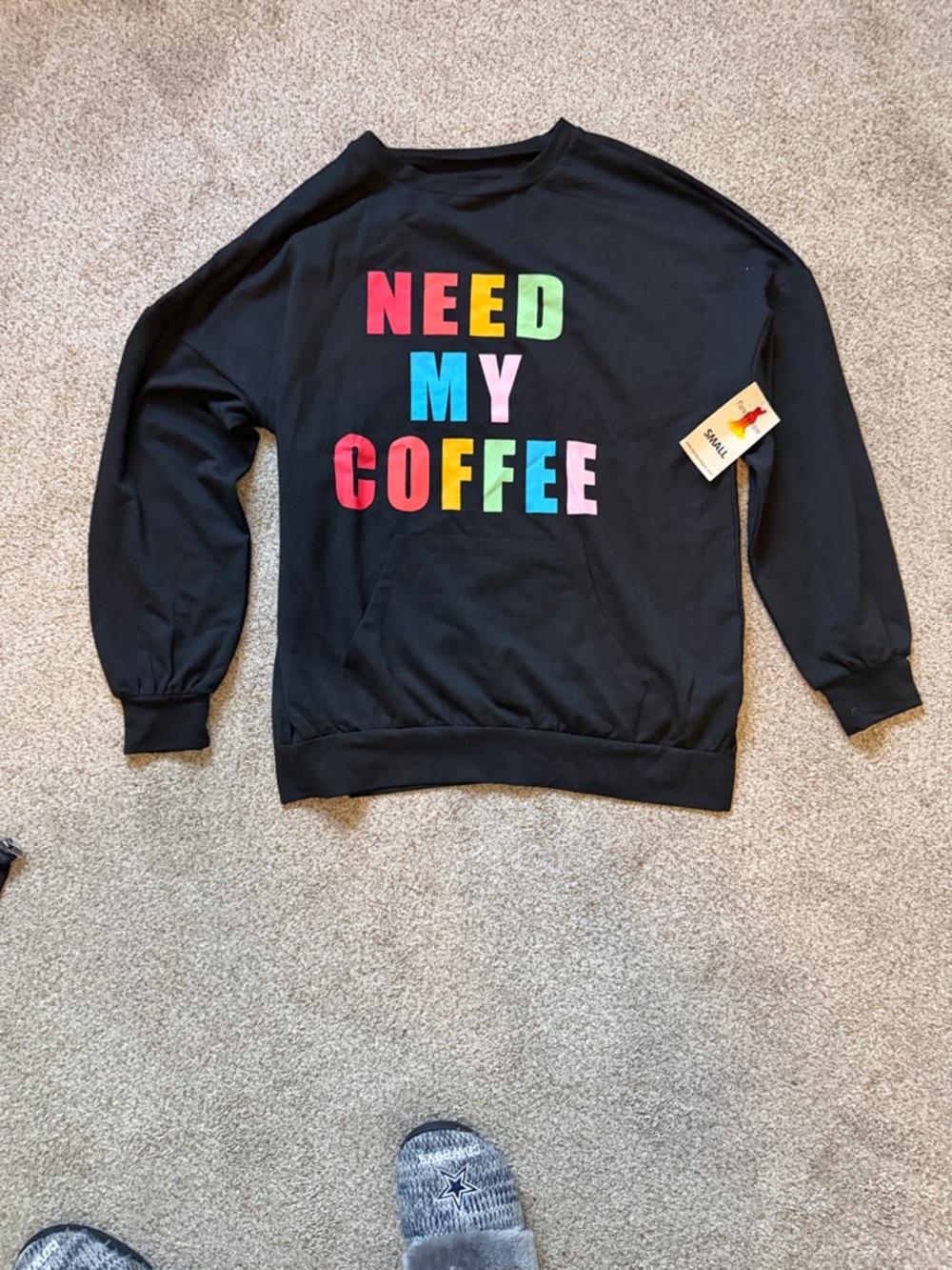 Black Sweatshirt "NEED MY COFFEE" Colorblock Lettering